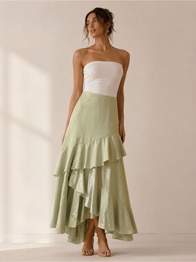 Teri Jon - Silk Light Sage Tiered High-Low Ruffle Skirt Gown
